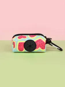 Portable pet poop bag holder with cute heart pattern, zipper closure, and convenient metal clip.