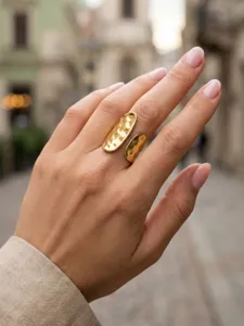 Gold plated stainless steel open ring with hammered texture, minimalist geometric jewelry.