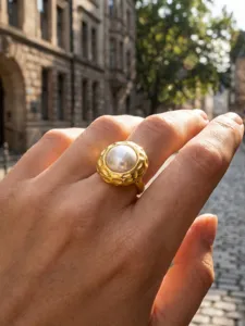 Gold textured pearl ring open adjustable fashion jewelry elegant vintage style ring for women