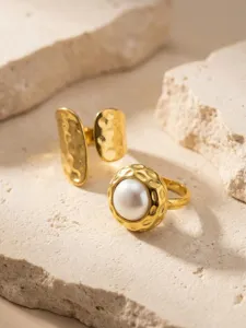 Textured pearl gold ring detail shot, stainless steel open ring with hammered finish.