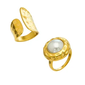 Gold plated stainless steel hammered open ring and pearl ring set, elegant modern jewelry.