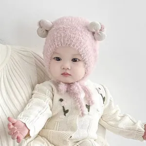 Leuke baby winter dikke pluche gebreide muts schattige prinses strik oor warm mutsje