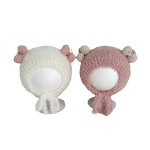 Leuke baby winter warme pluche muts met strik gebreide oorklep winddichte hoed voor kids