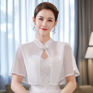 Elegant white chiffon women shawl short cape rhinestone buckle bridal wedding dress evening party
