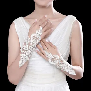 White lace bridal gloves with pearl details elegant fingerless wedding gloves for women new.