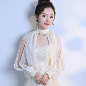 Delicate white chiffon shawl detail, elegant lace stand collar and long sleeves for evening dress.