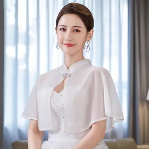 Spring summer white chiffon bridal shawl short cape rhinestone buckle wedding dress accessory