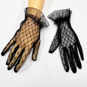 Black lace mesh short gloves for women, elegant ruffle bridal wedding party accessories.