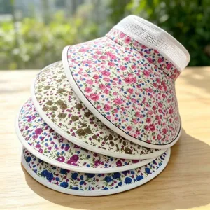 Floral print sun visor hat with breathable white mesh top for summer outdoor farming use.