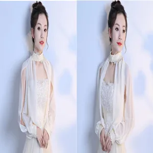 Elegant white chiffon long sleeve shawl for women, perfect for wedding dresses and evening gowns.