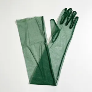 Close-up detail of dark green sheer mesh long gloves, lightweight fabric texture view.