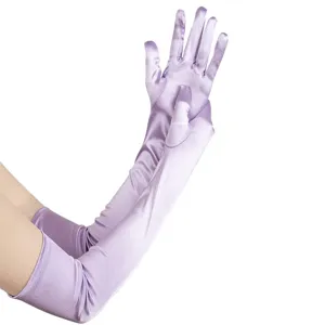 Detail view of elegant long purple satin opera gloves, smooth finish for evening wear.