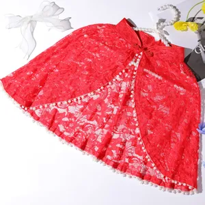 Red lace cape shawl with pearl trim mandarin collar retro Chinese style wedding dress cover up