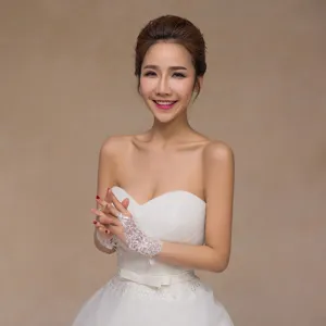 White lace bridal gloves featuring delicate rhinestones, perfect for weddings and formal events.