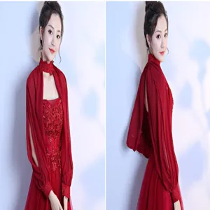 Elegant red chiffon long sleeve bridal shawl for evening wear, breathable and versatile style.