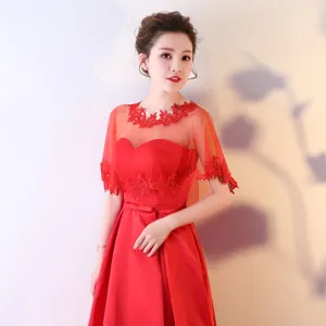 Élégante cape de mariée en dentelle rouge, accessoire de robe de soirée en tulle transparent femme.