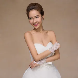 White short lace rhinestone bridal gloves for wedding ceremony and evening parties.