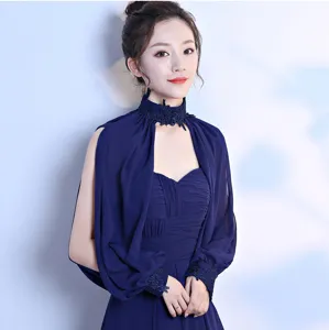 Dark blue chiffon long sleeve shawl evening dress, elegant sheer cape for women summer events.
