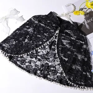 Elegant black lace cape shawl with pearl trim, retro stand collar poncho for women dress party.
