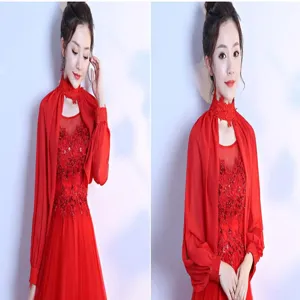 Elegant red chiffon long sleeve shawl detail, lightweight bridal evening dress accessory view.
