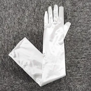 White satin long gloves detail, elegant evening dress accessories for wedding party.