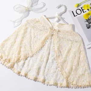 Summer vintage lace cape shawl with pearl trim, elegant mandarin collar cape for daily dresses.