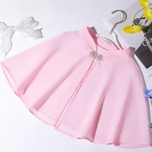 Pink chiffon cape bridal bolero short shawl with rhinestone buckle for evening dress