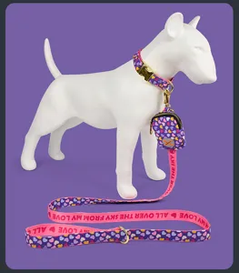 Leuke paarse hondenlijn en halsband set met hartjesprint en handige poepzakjeshouder.