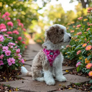 Detailed shot of cute puppy wearing pink heart pattern pet dog harness with reflective strap.