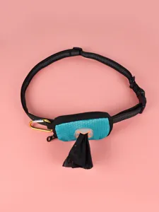 Detailed view of the lightweight pet waste bag holder with teal textured pouch and strap.
