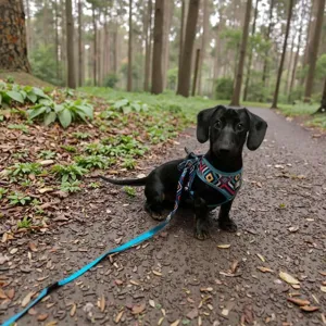 Pet dog harness and leash set with colorful geometric pattern for outdoor walking trips.