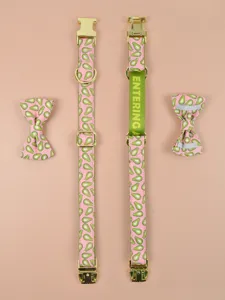 Süßes Hundehalsband Set mit Avocado-Muster, goldener Metallbeschlag und hübscher Fliege für Haustiere.