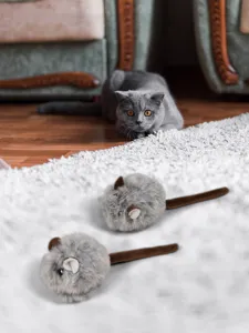 Grey simulation plush mouse cat toy, fluffy mini interactive pet toy for daily play and fun.