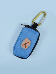 Portable dog waste bag dispenser with carabiner, durable pet poop bag holder pouch for walks.
