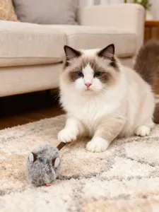 Gray simulation plush cat toy, mini cute mouse design for daily pet interactive playing.