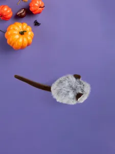 Detailed close-up view of the cute grey plush mouse toy with a long tail for cat entertainment.