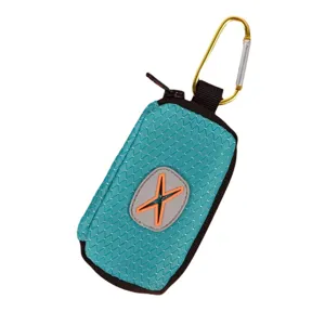 Portable pet waste bag dispenser with durable carabiner, ideal for outdoor dog walking.