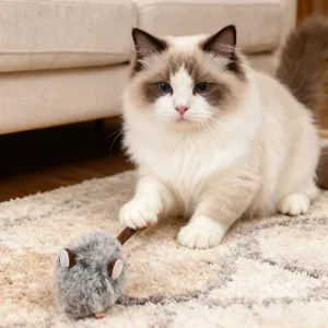 Grey simulation plush mouse cat toy for interactive play, realistic kitten self-play toy