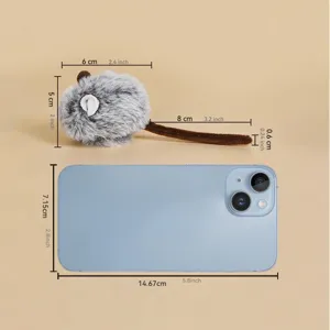 Mini plush mouse toy for cats, realistic simulation design with size dimensions for daily pet play.