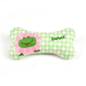 Cute checkered bone shaped plush pet chew toy with a cartoon frog print for dogs play
