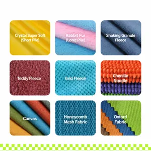 Detailed view of various optional fabric swatches, including soft plush and durable material options.