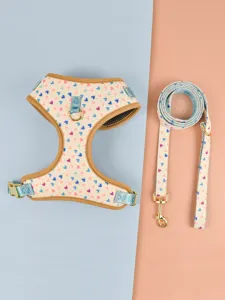 Cute heart print pet harness and leash set, comfortable summer dog walking strap accessories.