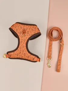 Cute coffee bean print pet harness and leash set for dogs, stylish pet walking supplies.