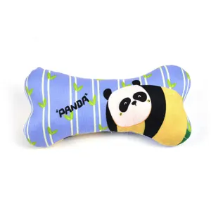 Close-up detail of the cute cartoon panda pattern on the blue striped pet chew toy.
