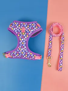 Purple heart print pet harness and leash set, comfortable mesh fabric and durable metal hardware.