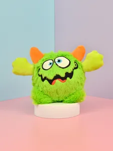 Cute funny plush monster toy with orange horns, soft texture detail for pets and stress relief.