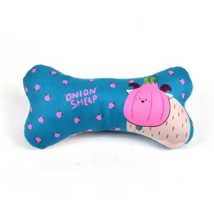 Cute blue bone-shaped pet chew toy with onion sheep cartoon design for dogs grinding teeth.