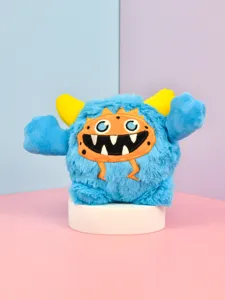 Cute blue plush monster toy with yellow horns and funny face design for kids and pets daily play.