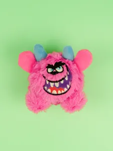 Detailed close-up of the funny pink monster plush pet toy, soft texture and face.