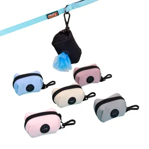 Portable neoprene dog poop bag holder dispenser with metal hook, multi-color pet waste bag case.